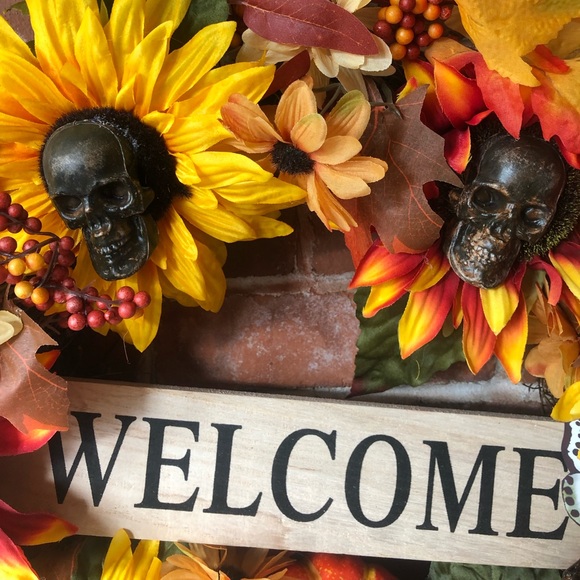 Other - Skulls Sun Flowers Autumn Fall Halloween Wreath